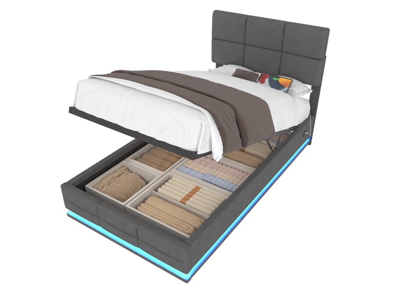  Lit coffre enfant 90x200cm avec led, rangement, tête réglable, charge, velours gris, sans matelas  - Conforama A