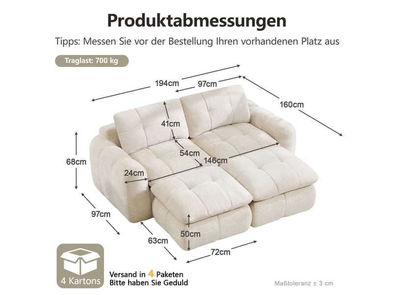 Canapé modulaire 2 places sans cadre avec 2 ottomanes, assise profonde et modules combinables en chenille beige - Conforama C
