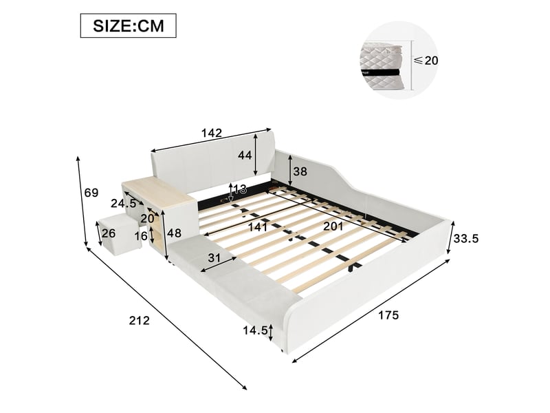  Lit enfant 140x200 cm, avec bureau et tabouret, rangements, tête de lit velours, lattes en bois, blanc, sans matelas  - Conforama C