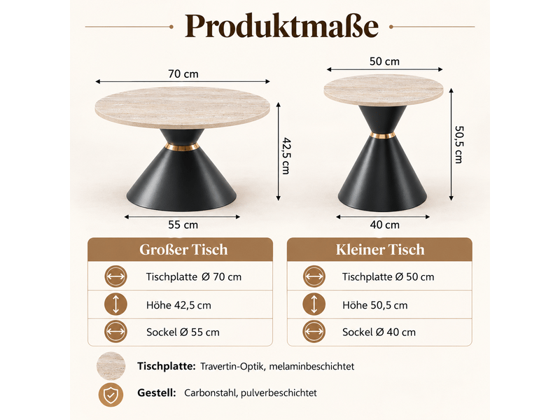 Lot de 2 tables basses rondes ø 7050 cm, plateaux effet travertin, table d'appoint, piètements coniques en métal noir et doré - noir et beige - Conforama D