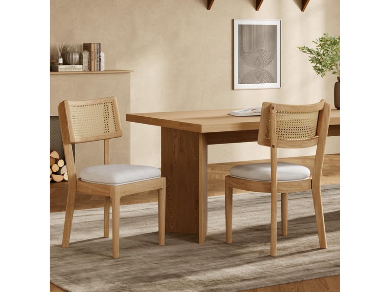  Lot de 2 chaises de salle à manger en bois, rotin et lin coloris bois  - Conforama B