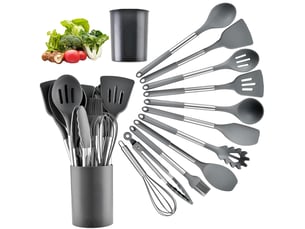 Set de 12 ustensiles de cuisine en silicone et acier inoxydable gris avec rangement chicfurn