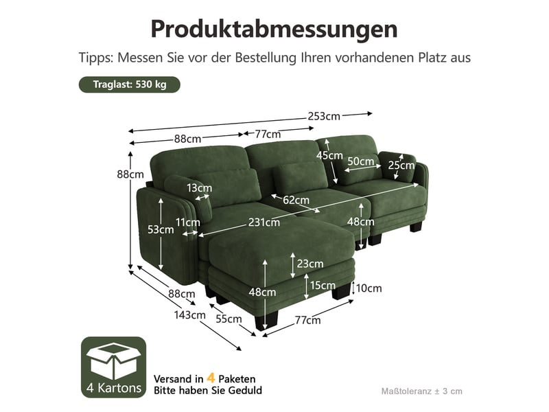 Canapé d'angle modulable - 3 places - forme l - 1 ottoman - coussins d'accoudoirs - assise profonde - tissu chenille - vert CozyNest - Conforama D