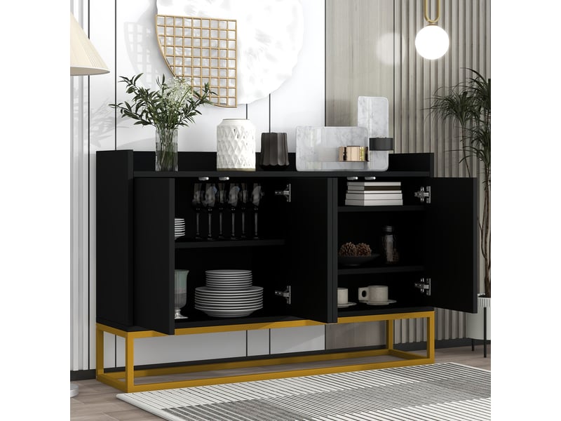  Buffet 4 portes sans poignées avec étagères réglables pour cuisine en panneaux de particules 120×30×80 cm noir  - Conforama C