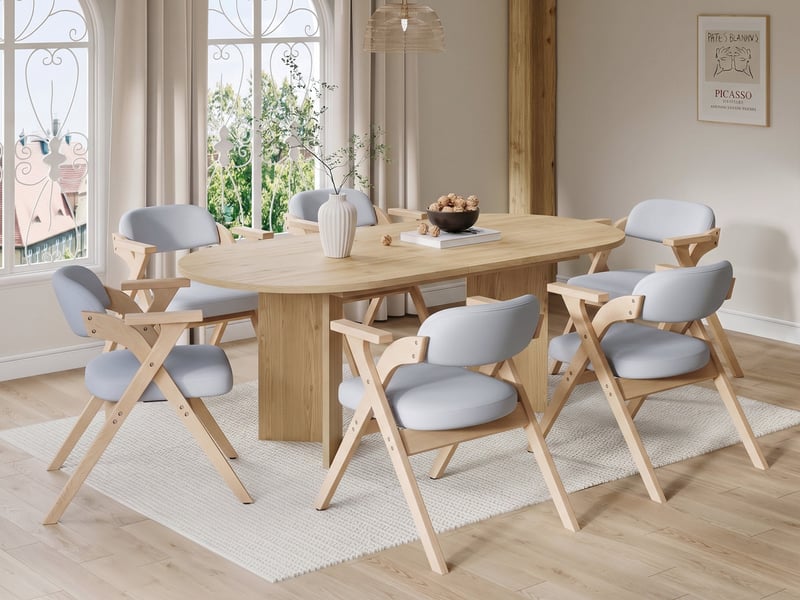 Ensemble table et chaises 6-8 pers, table extensible 160/200x90cm chêne, coins arrondis, 6 chaises pliantes bois massif/lin gris - Conforama B