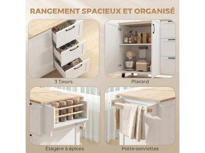 Îlot central cuisine avec plateau rabattable 2 prises et 2 ports usb desserte de cuisine sur roulettes 3 blanc tiroirs - Conforama R