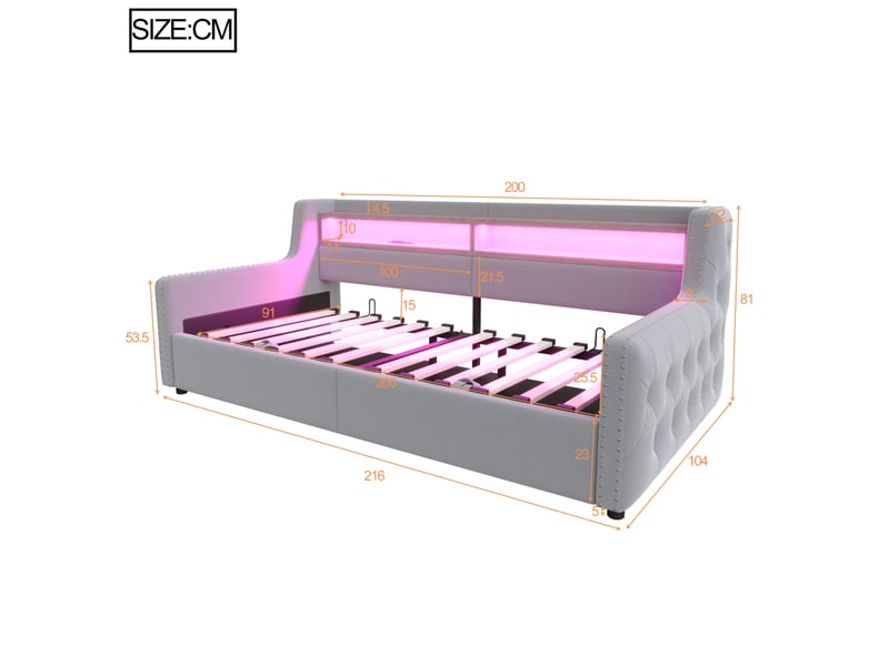  Lit coffre tcqpz 90 x 200 cm en velours gris avec led, rangement hydraulique, sommier à lattes, prises usb et type-c  - Conforama C