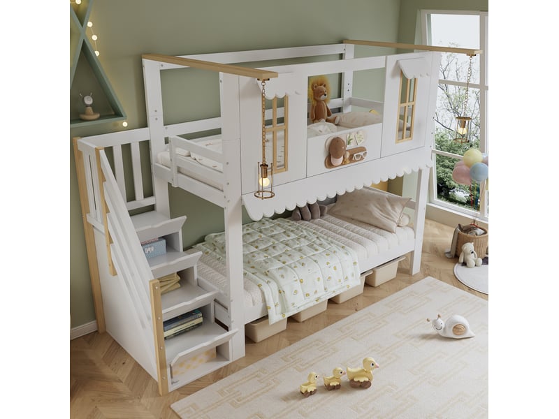  Lit superposé enfant 90x200 cm avec escalier de rangement, blanc et naturel  - Conforama B