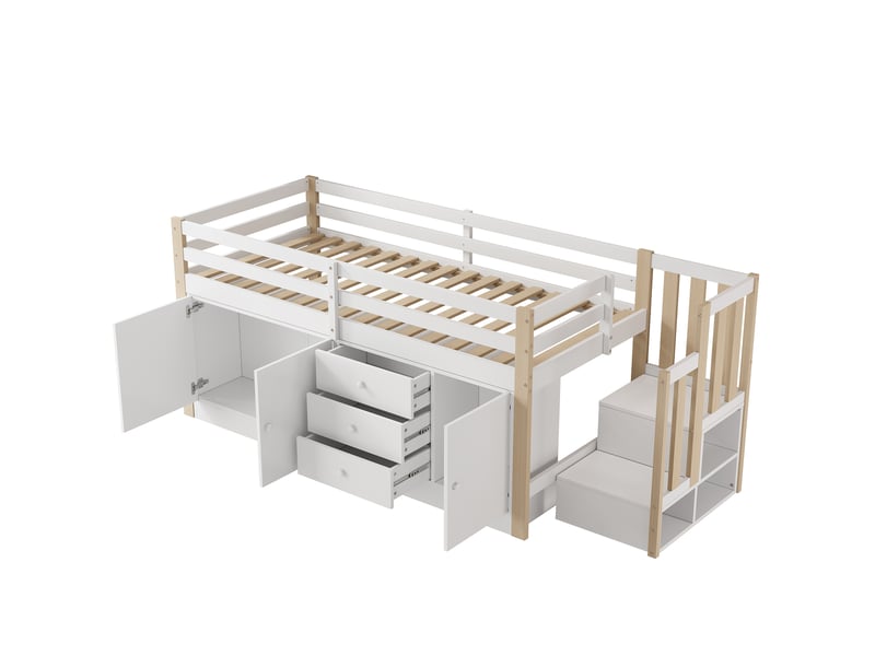  Lit mezzanine enfant tcqpz 90 x 200 cm avec escalier, tiroirs, 2 armoires de rangement et tringle à vêtements, sans matelas, blanc, mdf  - Conforama E