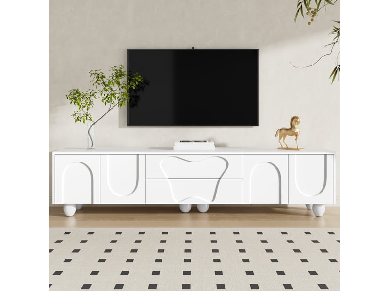  Meuble tv 180 cm – grand espace de rangement – pieds en bois – blanc  - Conforama B