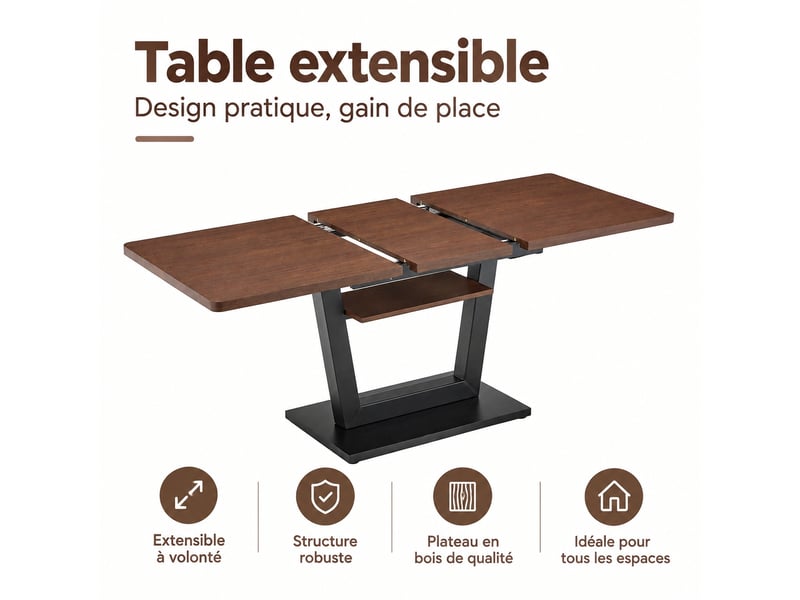  Table à manger extensible avec étagère, effet noyer et noir, 180 x 80 cm  - Conforama A