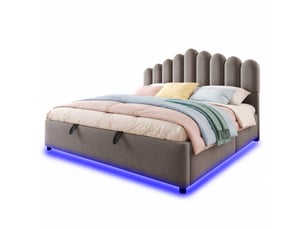 Lit coffre 180 × 200 cm 2 places avec led multicolore et rangement hydraulique, sans matelas, en velours gris