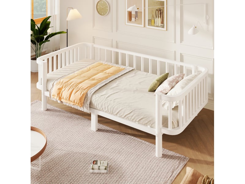  Lit banquette 90x200 cm en métal blanc, cadre à lattes renforcé, pour optimiser l'espace, sans matelas  - Conforama B
