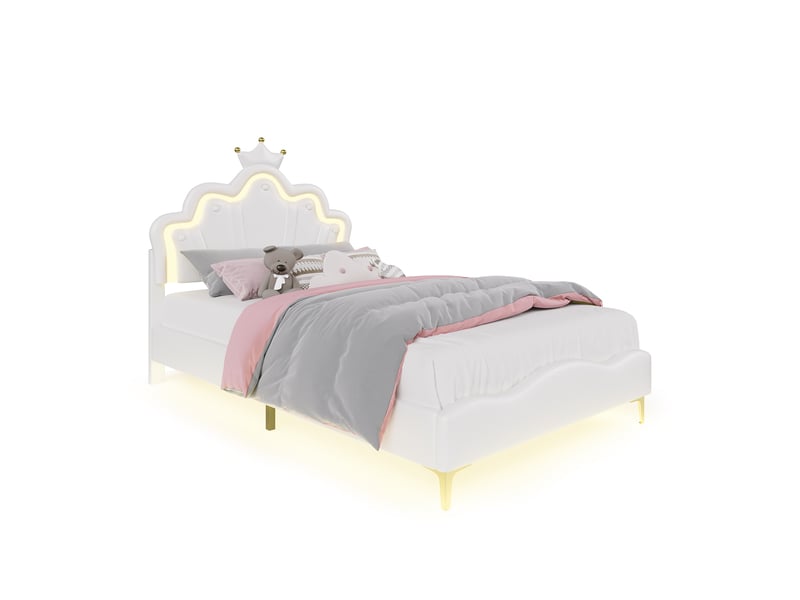  Lit jeune fille 140x200 cm cadre de lit rembourré simili cuir pu, tête de lit couronnée réglable, éclairage led rgb tête + sous lit, lit princesse pour chambre enfant  - Conforama A