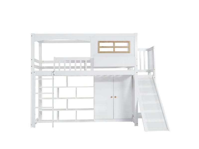  Lit superposé 90x200cm - avec toboggan et armoire - lit superposé enfant - pin massif blanc, barrière sécurité, échelle 4 marches  - Conforama D