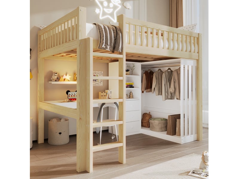  Lit mezzanine 140x200 cm avec bureau, armoire, 3 tiroirs, escalier, pin et mdf, blanc et bois naturel, sans matelas  - Conforama D
