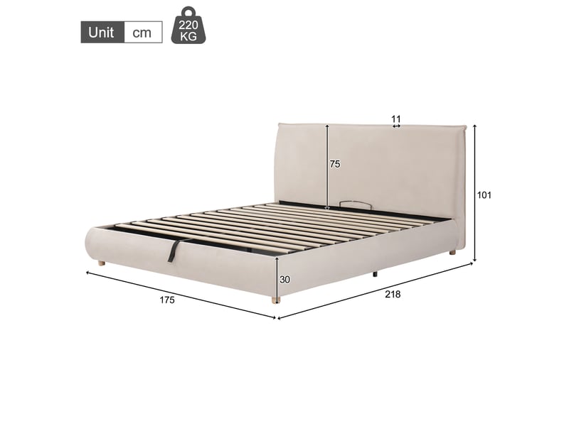  Lit coffre 160x200 cm, lit double en velours crème avec sommier, sans matelas  - Conforama C