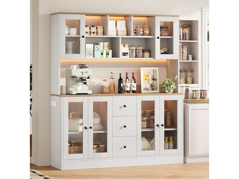  Buffet haut de cuisine 150x40x173 cm avec led rgb, 2 prises et 2 usb, 6 portes acrylique, 3 tiroirs, étagères réglables, blanc et bois naturel  - Conforama C