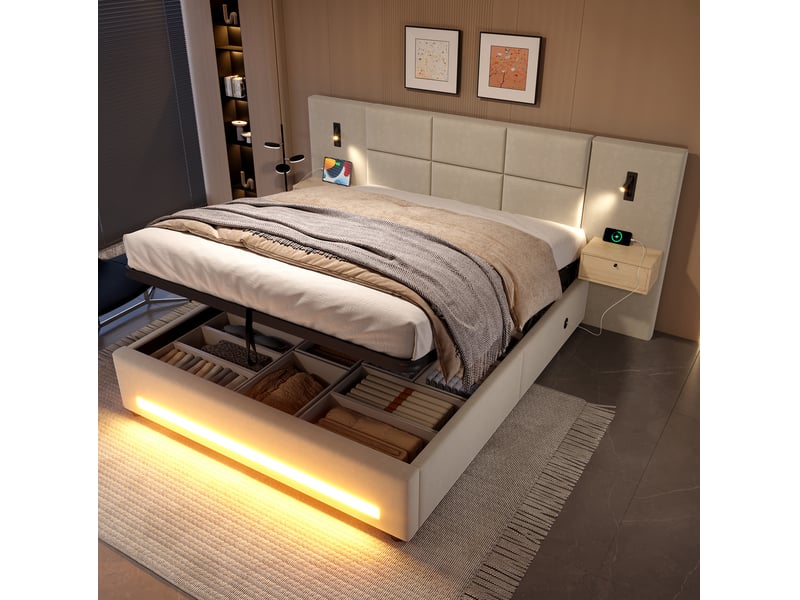 Lit coffre 180x200 cm avec tête de lit, tiroirs, led, ports usb-c, métal, velours beige sans matelas  - Conforama C