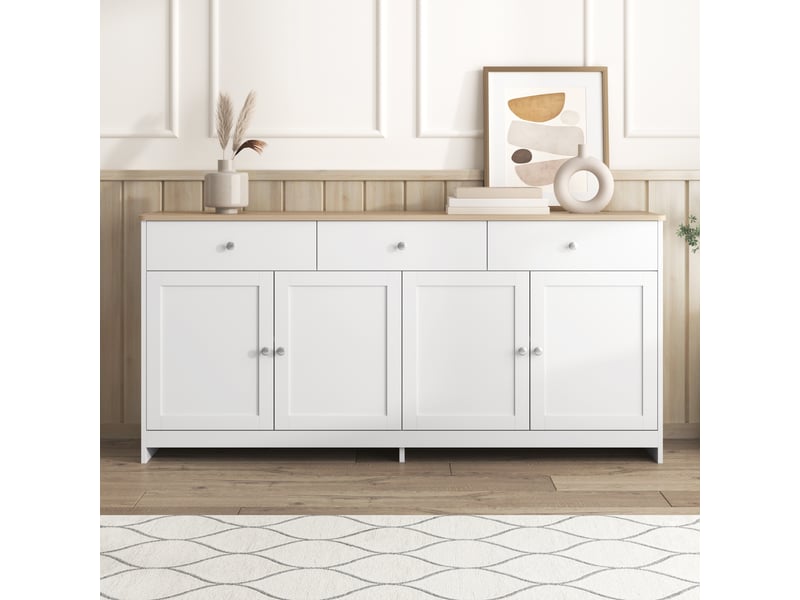 Buffet blanc et bois 160 cm, bahut 4 portes 3 tiroirs, meuble de rangement pour salle à manger et salon  - Conforama D