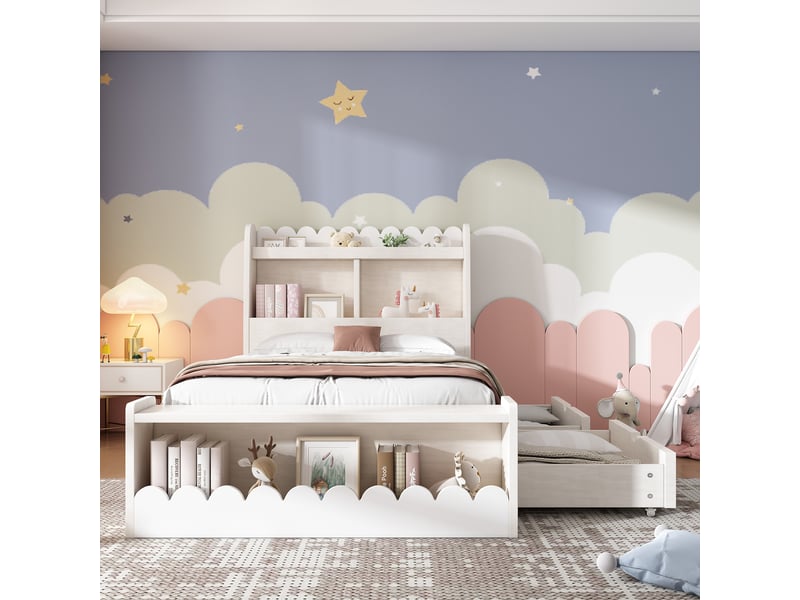  Lit enfant 90x190 cm bois blancchêne, tiroirs, étagère, banc de rangement  - Conforama D