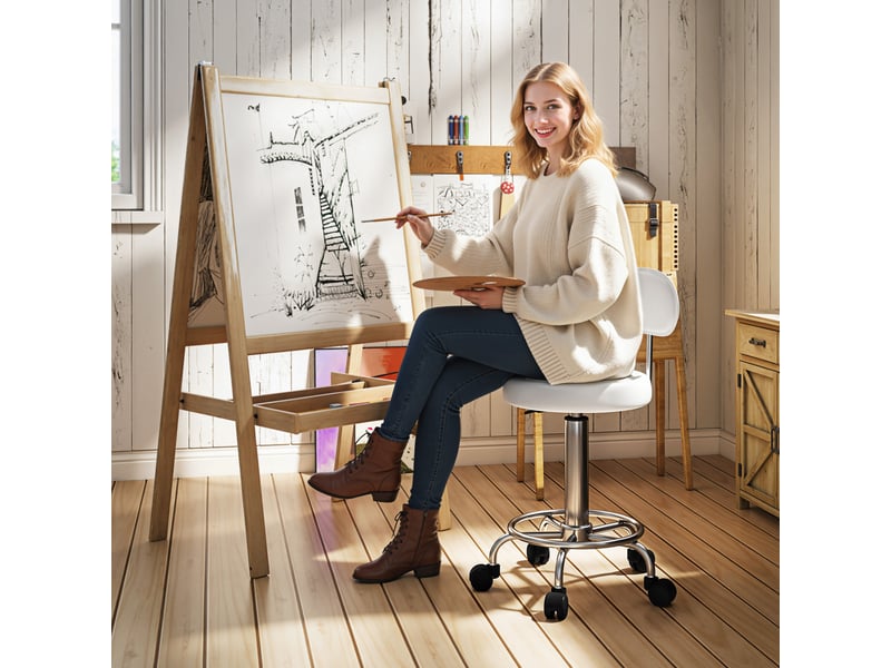 Tabouret pivotant blanc avec dossier et roulettes pour salon de beauté ou studio de tatouage hauteur réglable 32x40x70-86cm - Conforama D