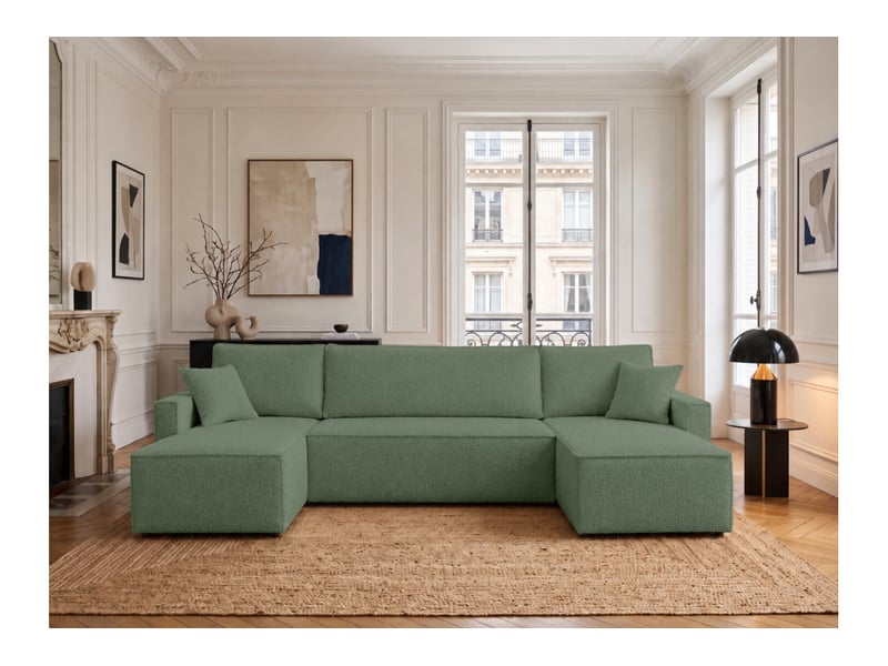  Farah - canapé d'angle panoramique convertible 6 places accoudoirs slim en tissu bouclettes généreuses  - Conforama B