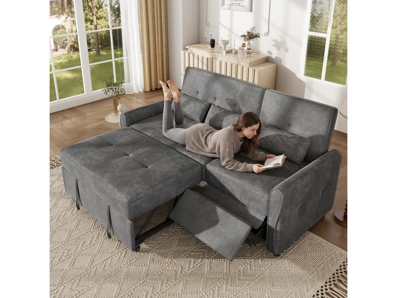  Canapé-lit convertible 3-en-1 3 places 176x148x83 cm avec couchage extractible, dossier réglable 3 positions, repose-jambes, chenille gris  - Conforama B