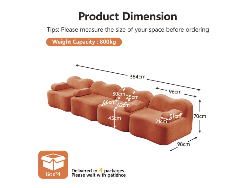  Canapé modulaire 4 places sans armature avec assise profonde et coussins d’accoudoirs, en velours orange  - Conforama E