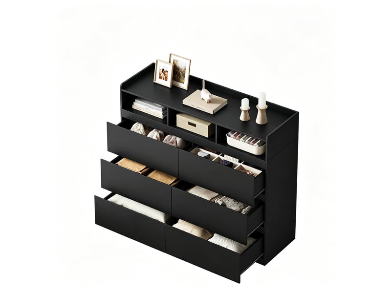  Commode noire 120 x 40 x 100 cm avec 6 tiroirs et 3 niches ouvertes, rangement  - Conforama A