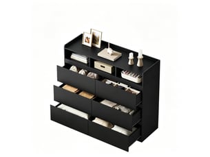 Commode noire 120 x 40 x 100 cm avec 6 tiroirs et 3 niches ouvertes, rangement