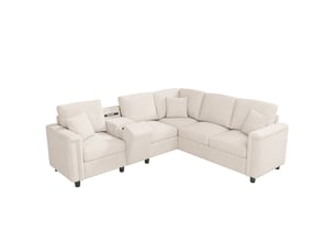 Canapé d’angle 5 places 235x208x83 cm, canapé de salon, sofa modulable, usbtype-c, rangement, porte-gobelets, lampe de lecture, chenille, beige