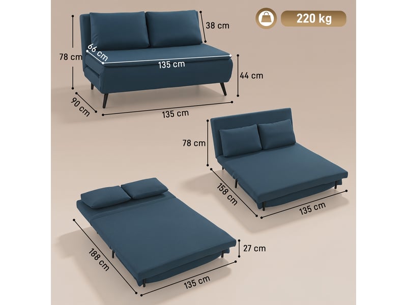 Canapé convertible 2 places, canapé-lit clic-clac 3 en 1 avec dossier réglable, oreiller, bleu, assise large  - Conforama C