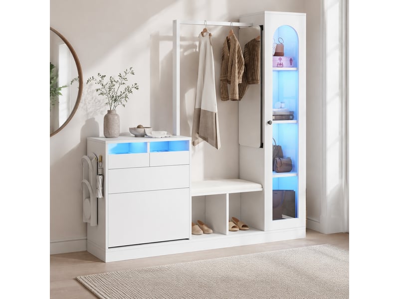  Ensemble d'entrée 163x35x161 cm, led, vitrine, meuble à chaussures et miroir, meuble bureau et salon, aggloméré, blanc  - Conforama B