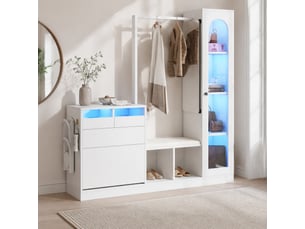 Ensemble d'entrée 163x35x161 cm, led, vitrine, meuble à chaussures et miroir, meuble bureau et salon, aggloméré, blanc