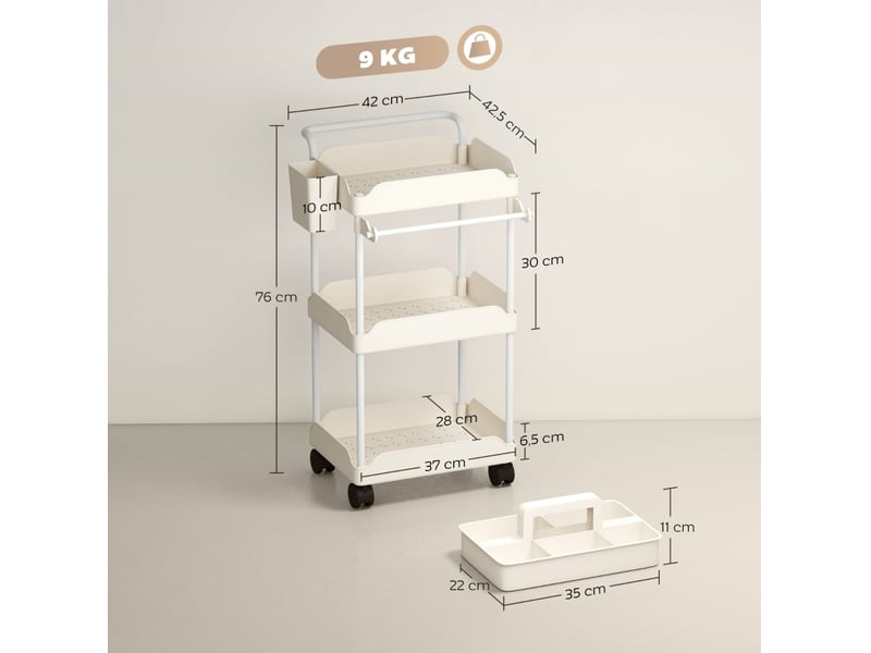  Desserte de rangement 42x42,5x76 cm 3 paniers porte-serviettes roulettes métal blanc  - Conforama C