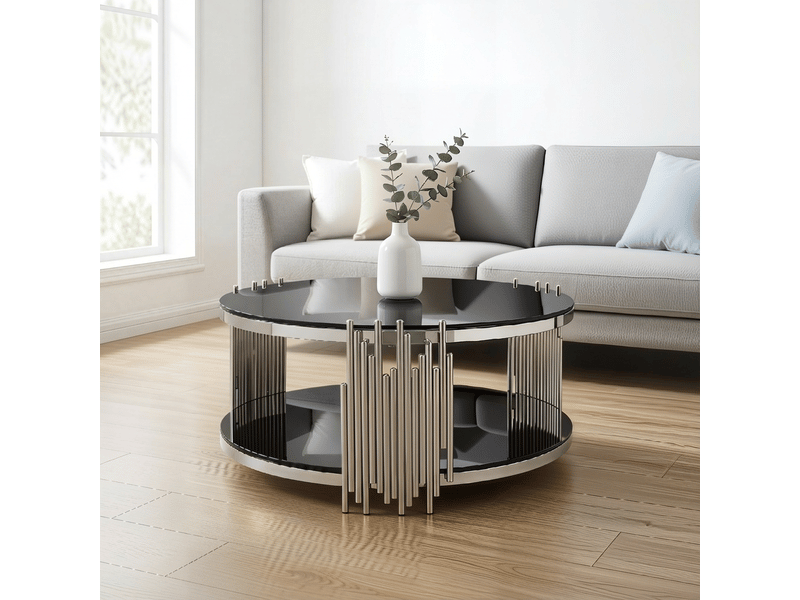  Table basse ronde 80 x 80 x 45 cm en verre trempé noir double plateau base acier argenté table salon bureau luxe moderne élégante  - Conforama C