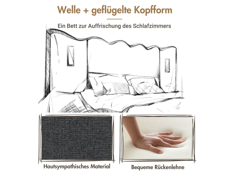 Lit coffre rembourré 180x200 cm avec liseuse intégrée, usb type-c, sommier à lattes, structure bois massif et métal, tissu lin gris Morn Vibe - Conforama E