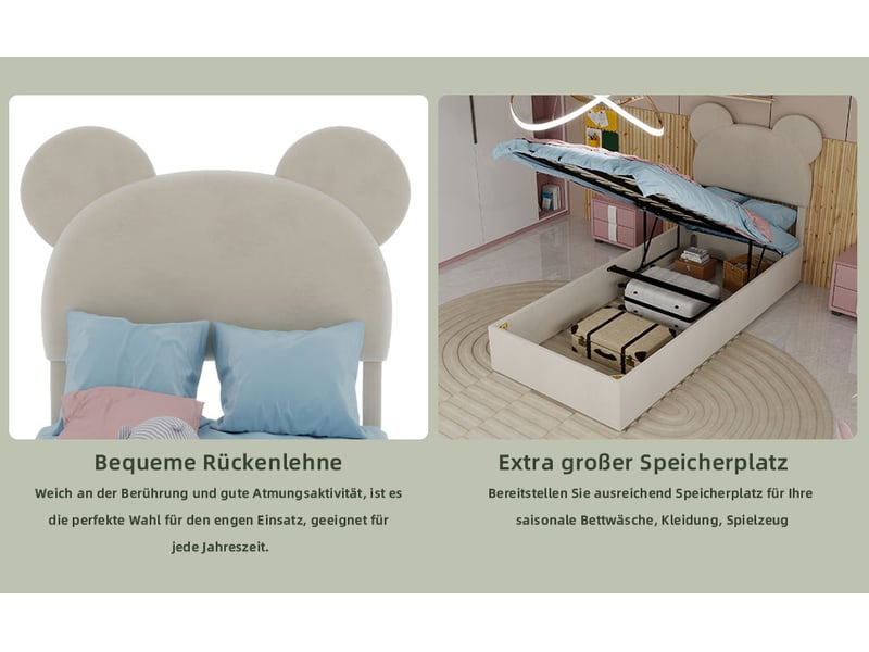 Lit coffre 90x200 cm beige avec tête de lit rembourrée motif cartoon et sommier à vérin matelas non inclus - Conforama E