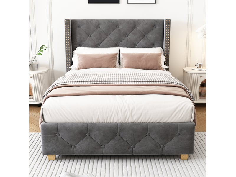  Lit rembourré 90×190 cm avec sommier à lattes et tête de lit, capitonnage à boutons et pieds en bois gris  - Conforama D