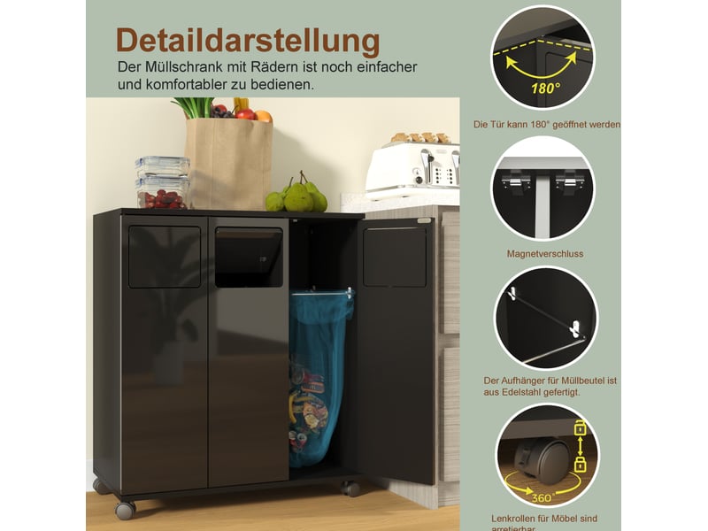  Meuble de tri des déchets 69,3x35x80 cm noir en mdf, 3 portes, roulettes verrouillables pour cuisine  - Conforama D