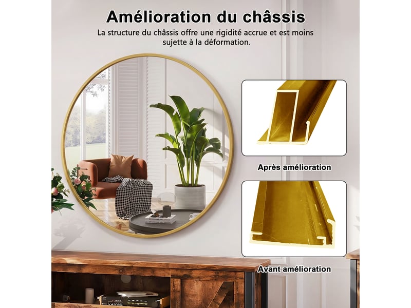 Miroir mural rond 75 cm doré,verre trempé,miroir mural haute définition,cadre métal et crochet,pour chambre,entrée,salle de bain  - Conforama W
