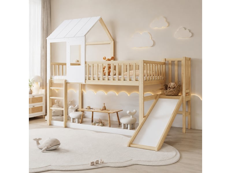  Lit superposé enfant avec toboggan, toit et fenêtre naturel et blanc 90 x 200 cm  - Conforama D
