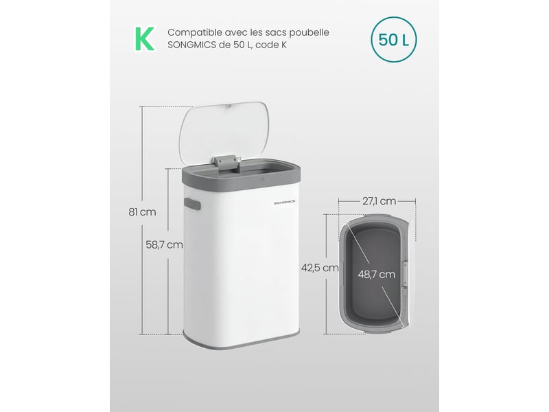  Poubelle de cuisine automatique 42,5 x 27,1 x 58,7 cm avec capteur de mouvement design épuré en acier blanc 12_0012358  - Conforama B