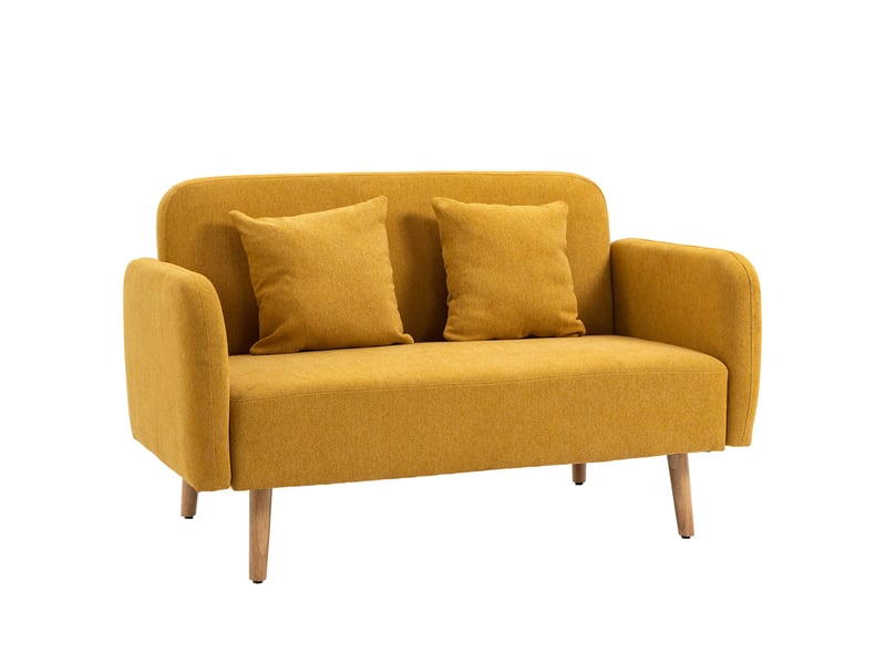  Canapé droit 130x70x80cm 2 places, allure moderne, 2 coussins, pour salon, piètement en bois, tissu polyester, jaune  - Conforama A