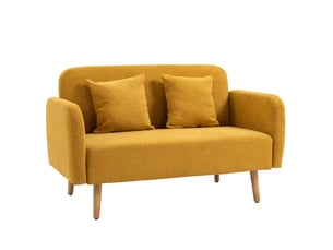 Canapé droit 130x70x80cm 2 places, allure moderne, 2 coussins, pour salon, piètement en bois, tissu polyester, jaune