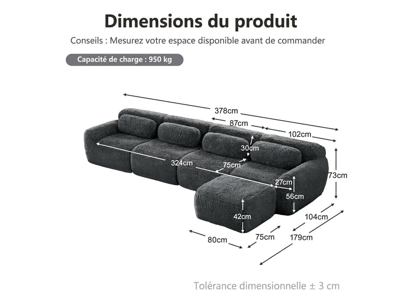  Canapé d'angle 4 places modulaire en l avec méridienne 378 x 179 cm sans montage gris  - Conforama C