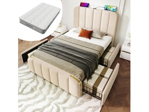 Lit avec rangement 90x200 cm <strong>HAVRYA</strong>  <strong></strong> coloris beige