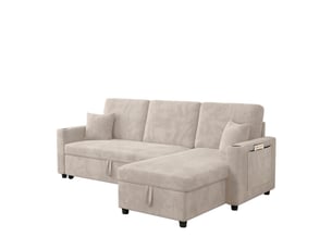 Canapé d'angle convertible 3 places en velours côtelé beige avec rangement, usb et type-c, pour le salon