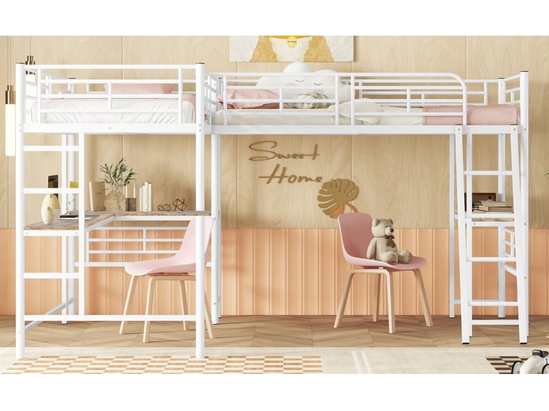 Lit mezzanine enfant 90×200 cm avec bureau dessous et escalier double - sans matelas, métal et mdf - blanc - Conforama E
